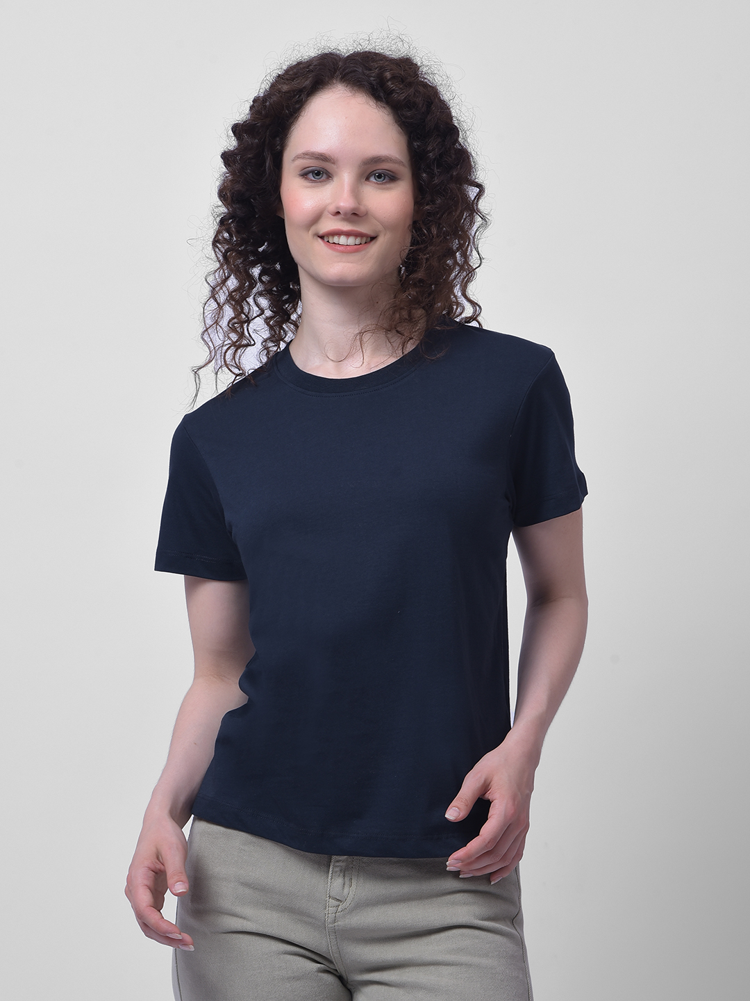 Numero Uno Women Solid Navy Blue Cotton T-Shirt